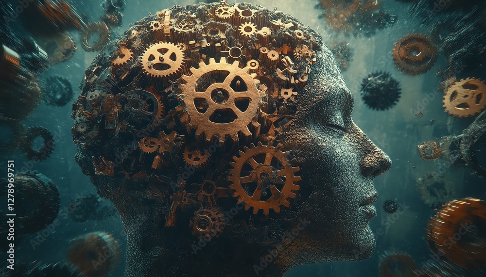 Obraz premium Human thoughts depicted with gears, brain as interconnected cogs, mechanical thought processes, surreal representation of the mind, detailed visual metaphor