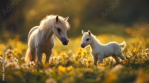 Miniature Horse and Foal in Yellow Flower Field