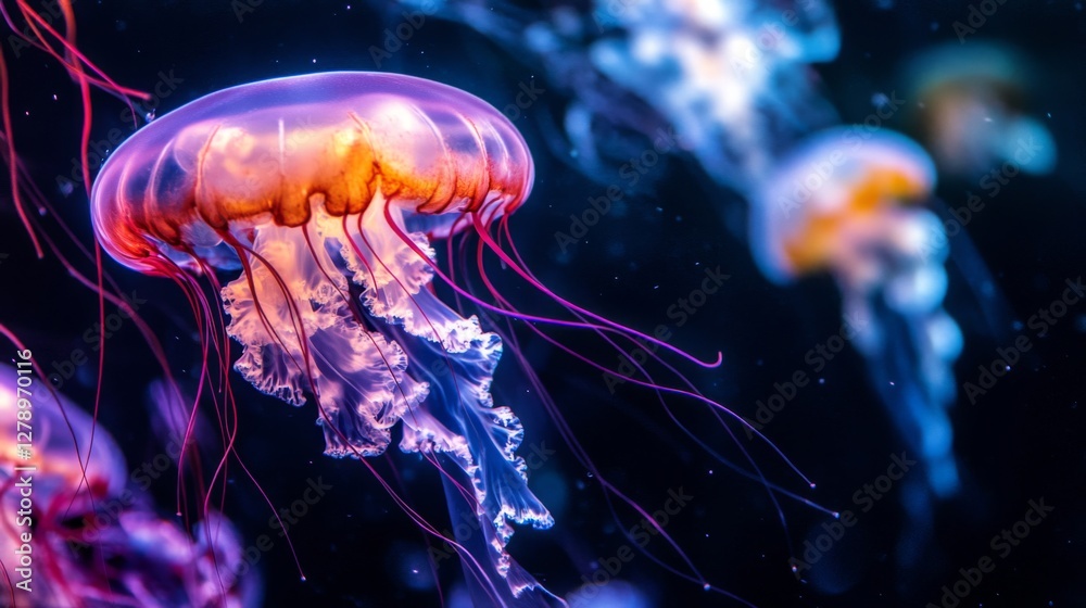 Naklejka premium Vibrant Pink And Purple Jellyfish Underwater
