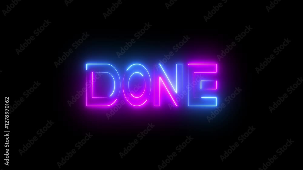 Glowing done text effect design animated with neon line on black background.
