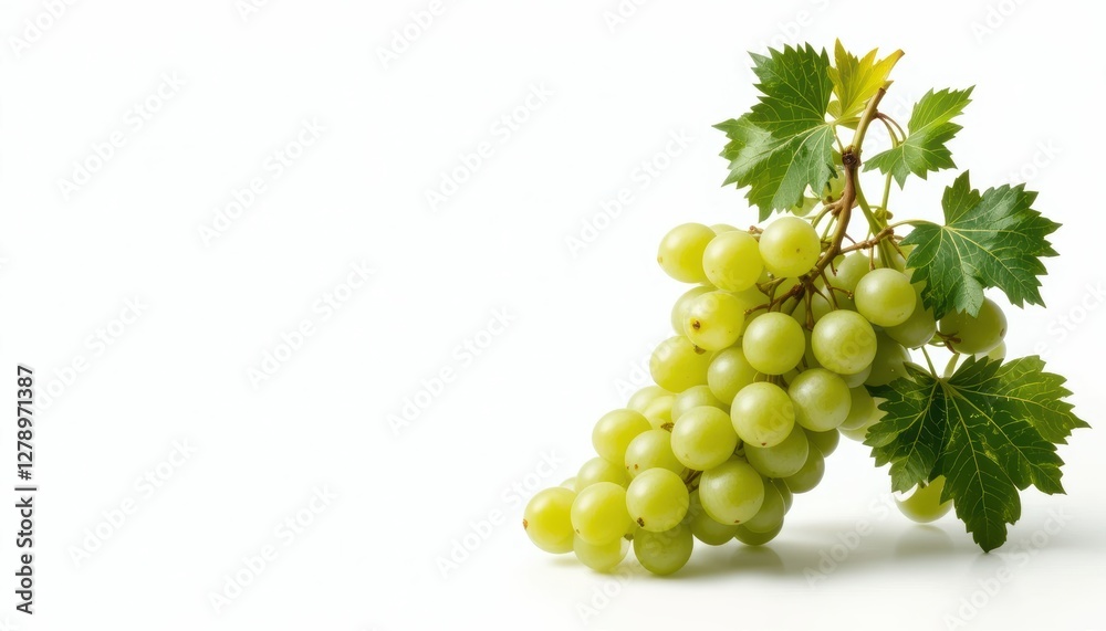 Fresh Green Grapes on Vine with Leaves Isolated on White Background for Healthy Eating and Natural Food Themes Fresh Green Grapes on Vine with Leaves Isolated on White Background for Healthy Eating and Natural Food Themes