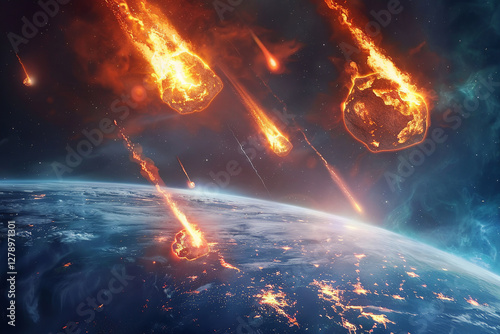 A planet is being bombarded by meteors. The meteors are falling from the sky and creating a fiery trail. The scene is intense and dramatic.
