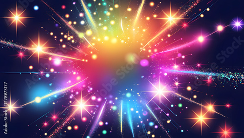 Explosive Radiance: A vibrant explosion of colorful lights, stars, and streaks bursting forth from a central point, creating a dazzling and energetic spectacle.