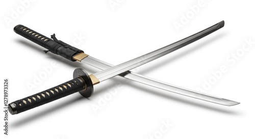 Two Japanese Katana Swords Crossed on White Background Decorative Display photo