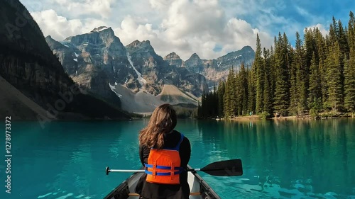 back shot of a woman paddles through the crystal-clear waters of Moraine Lake, Alberta, Canada