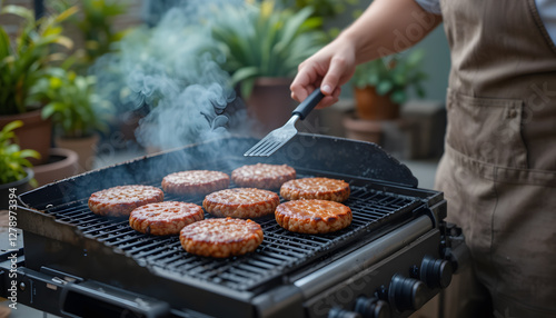 Cooking Burgers on Outdoor Grill - Garden Backdrop with Potted Plants - Perfect for Outdoor Gatherings photo