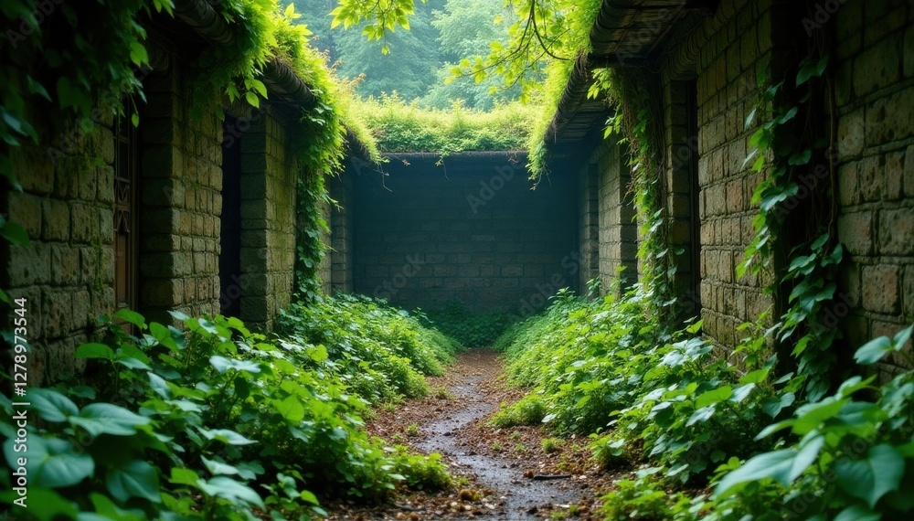Obraz premium Overgrown, abandoned garden with vines and moss, overgrowth, decay