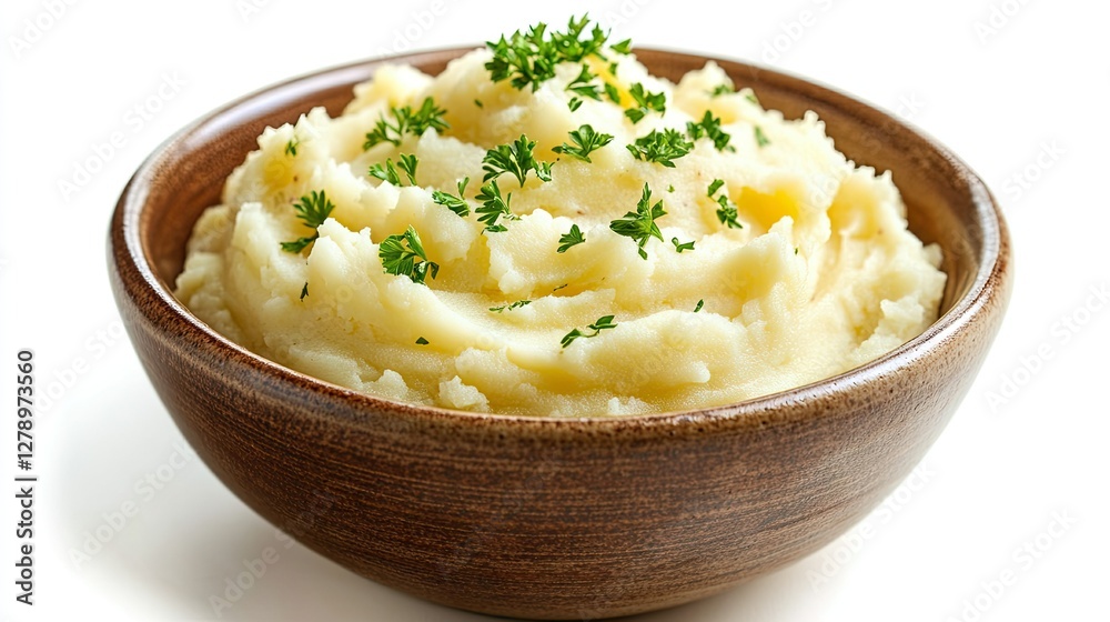 A heaping portion of creamy mashed potatoes swirled in a ceramic bowl, sprinkled with fresh parsley, isolated on a white background. A heaping portion of creamy mashed potatoes swirled in a ceramic bowl, sprinkled with fresh parsley, isolated on a white background.