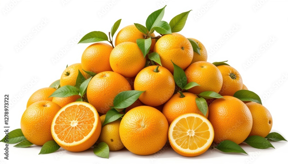 Fresh Juicy Oranges with Green Leaves Piled High on White Background for Healthy Lifestyle and Nutrition Concepts Fresh Juicy Oranges with Green Leaves Piled High on White Background for Healthy Lifestyle and Nutrition Concepts