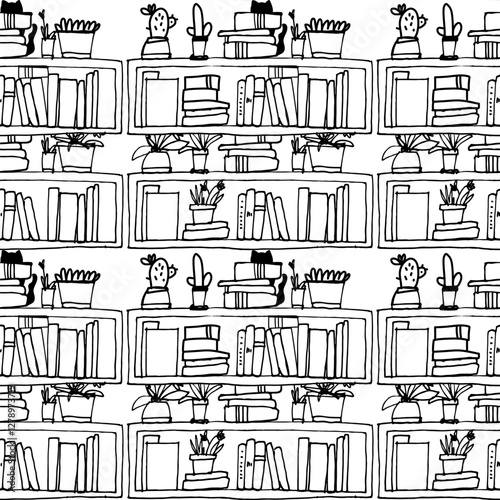 seamless pattern featuring hand drawn bookshelves filled with an mix of books, plants, and cozy decor