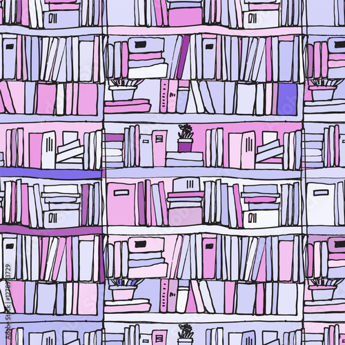 seamless pattern featuring hand drawn bookshelves filled with an mix of books, plants, and cozy decor