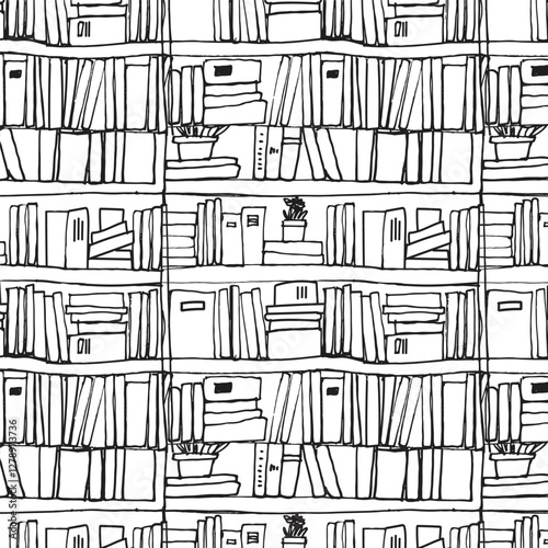 seamless pattern featuring hand drawn bookshelves filled with an mix of books, plants, and cozy decor