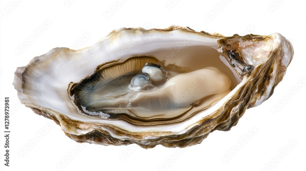 A high-resolution image of an opened oyster with an irregular shell shape, filled with natural juices, isolated on white. A high-resolution image of an opened oyster with an irregular shell shape, filled with natural juices, isolated on white.