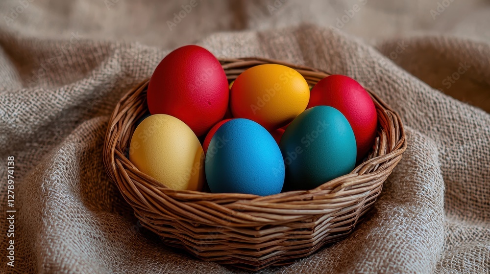 Whimsical Easter Basket Scene with Colorful Eggs on Background Whimsical Easter Basket Scene with Colorful Eggs on Background