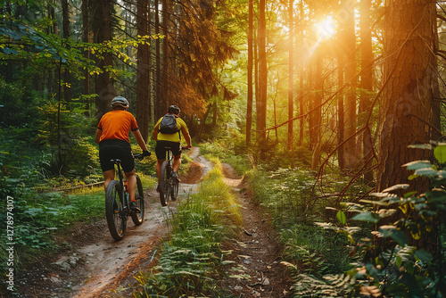 Two people on bikes are riding down a dirt road in a forest, a warm glow on the trees and the riders.
