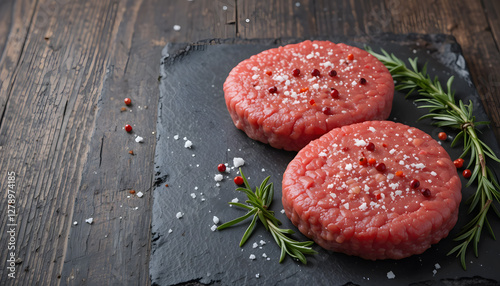 Fresh Hamburger Patties Ready for Grilling - Seasoned with Salt, Peppercorns, and Garnished with Rosemary - Rustic Slate and Wood Background photo