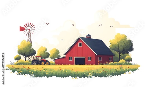 Charming Farmhouse Scene with Red Barn and Tractor