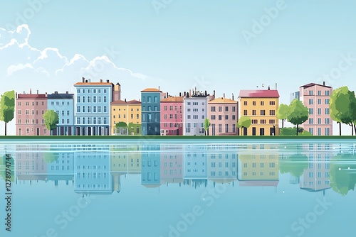 Colorful European City Reflected in Calm Water