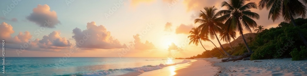 Palm trees stand tall on a serene tropical beach at dawn with soft ocean breeze, calm, breeze Palm trees stand tall on a serene tropical beach at dawn with soft ocean breeze, calm, breeze