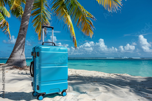 Suitcase on a tropical beach with palm trees. Represents travel, vacation, leisure, and tropical destinations. Suitable for themes related to tourism, holidays, and exotic getaways photo