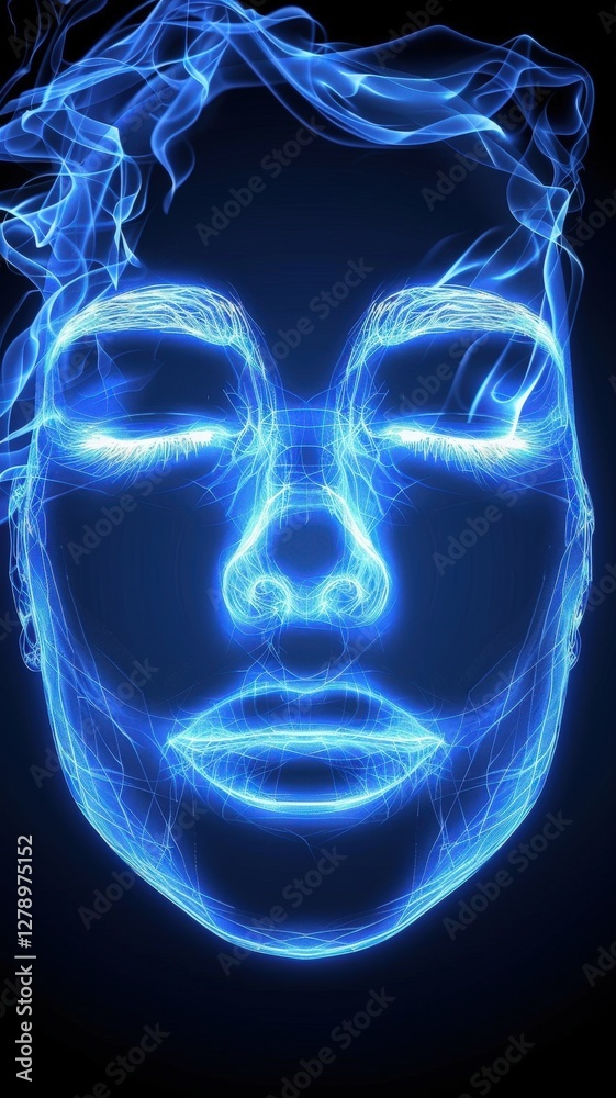 A blue face with a blue smokey background A blue face with a blue smokey background