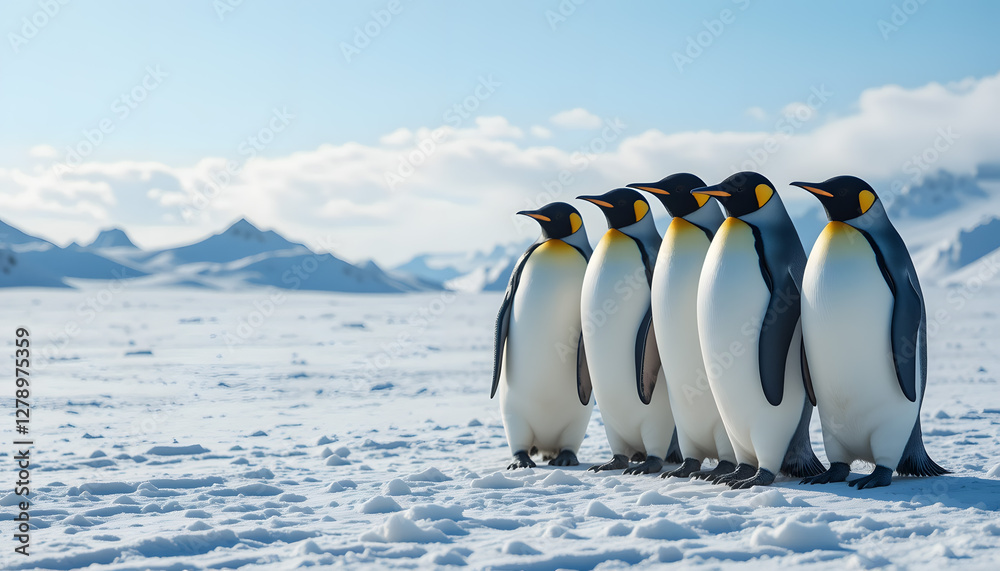 Fototapeta premium Emperor Penguins in Snowy Habitat - Distant Mountains and Bright Sky - Iconic Wildlife Scene