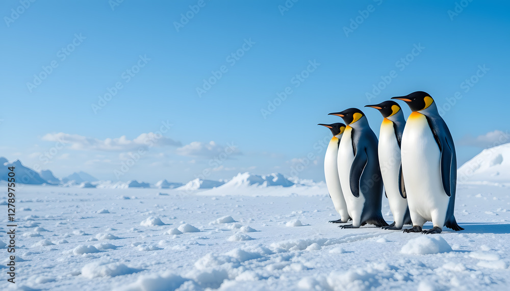 Obraz premium Penguins on Snowy Ground - Blue Sky and Snow-Covered Mountains - Wildlife Photography