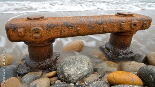 A weathered, rusted pipe rests on a rugged beach, surrounded by an array of stones and pebbles, illustrating nature's reclamation of man-made objects. photo