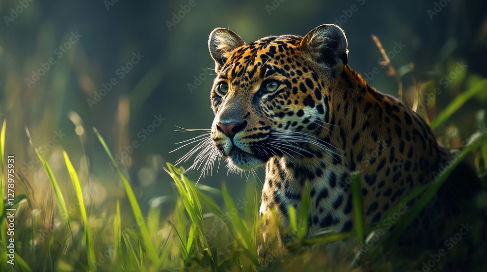 Obraz premium Jaguar in Lush Green Rainforest at Dawn