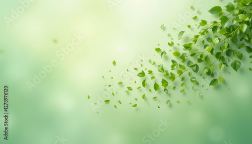 Cluster of Green Leaves on Gradient Green Background - Floating Leaves Creating Movement - Nature-Inspired Design