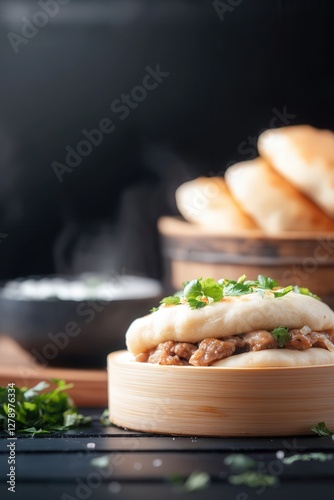 Delicious Steamed Chinese Bao Buns with Braised Meat Cilantro Garnish Close Up photo