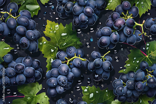 A seamless juicy bunches of red grapes with grapevine leaves on a black glossy background. Concept of abundance and freshness, as the grapes are ripe and ready to be eaten.