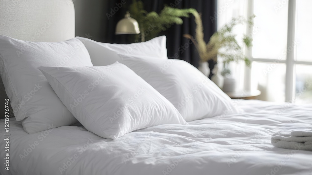 Obraz premium Luxurious Unmade Bed with Crisp White Cotton Sheets and Soft Pillows in Morning Sunlight Creating Cozy Bedroom Atmosphere