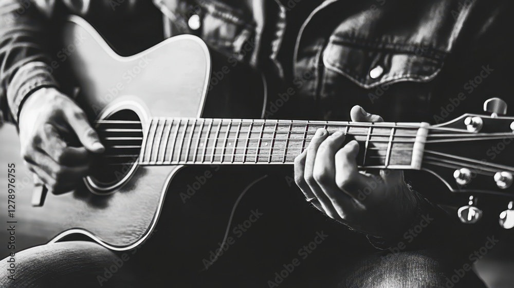Fototapeta premium A person sits on a couch, strumming a guitar, creating a relaxed atmosphere filled with music and creativity.