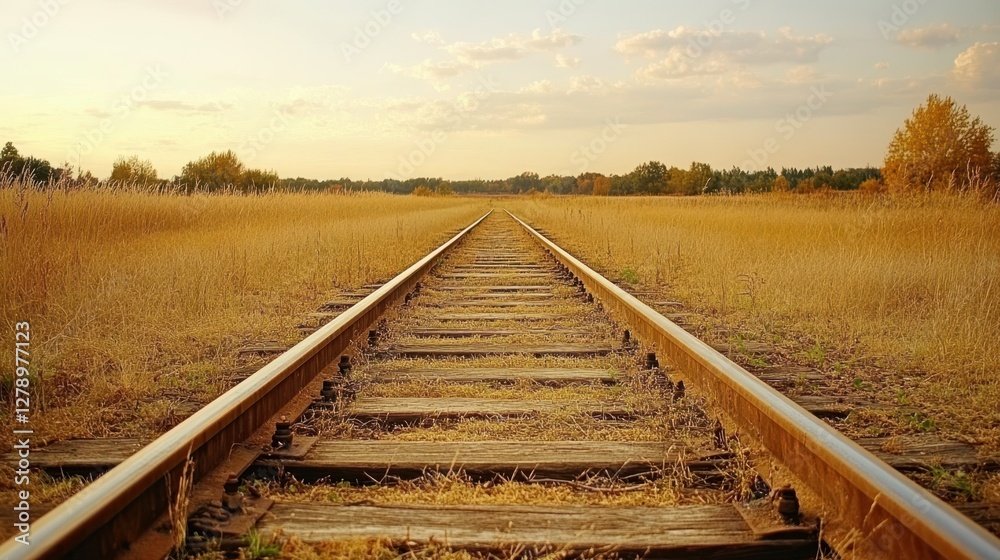 Fototapeta premium A train track winds through a vast, open field, showcasing the intersection of nature and transportation in a serene landscape.