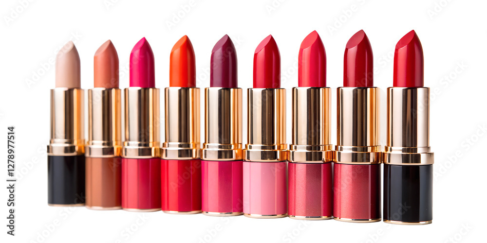 Obraz premium Set of Beautiful Bright Lipsticks on White Background, Colorful, Luxury Lipstick Collection