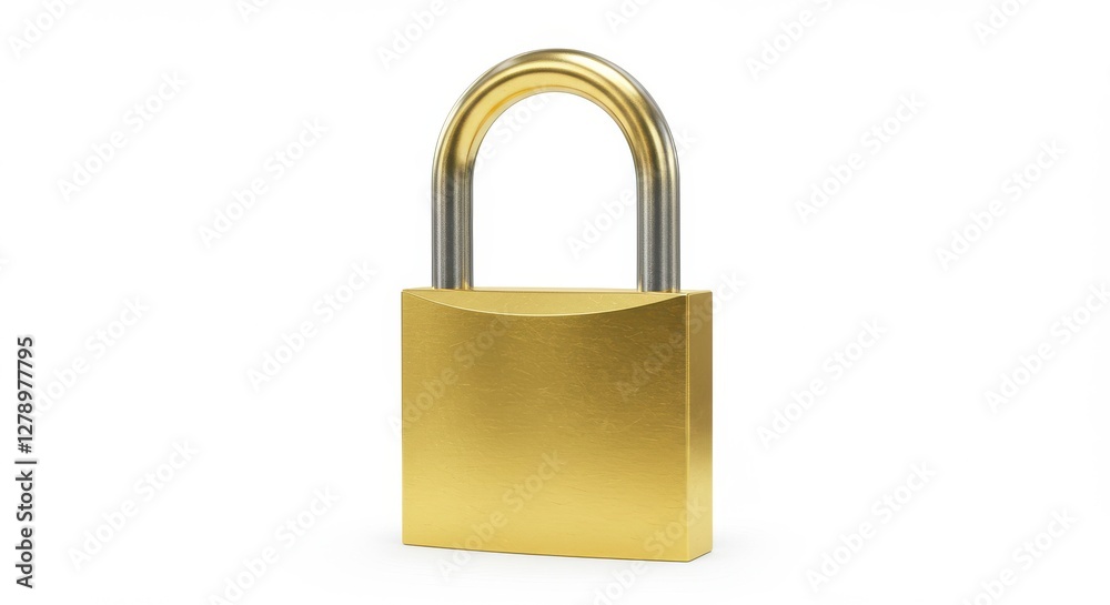 Shiny gold padlock, metallic texture, smooth surface, gleaming brass, security symbol, closed lock, sturdy construction, cylindrical body, U-shaped shackle Shiny gold padlock, metallic texture, smooth surface, gleaming brass, security symbol, closed lock, sturdy construction, cylindrical body, U-shaped shackle