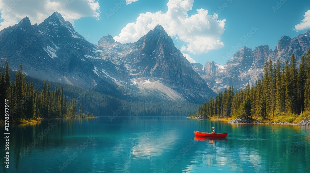 A man in a red boat glides across a serene lake, framed by majestic mountains under a clear sky, showcasing nature's beauty and tranquility. A man in a red boat glides across a serene lake, framed by majestic mountains under a clear sky, showcasing nature's beauty and tranquility.