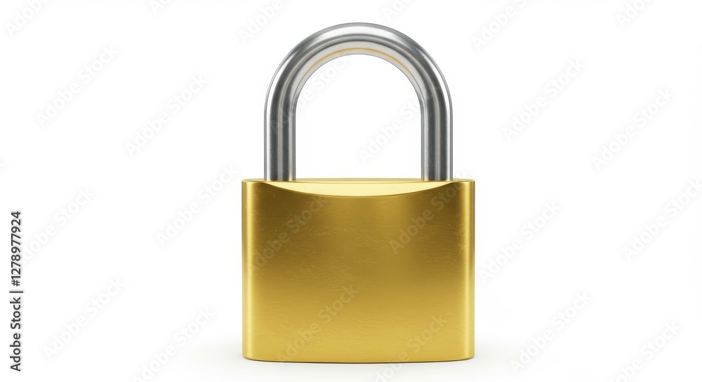 Shiny gold padlock, metallic texture, smooth surface, gleaming brass, security symbol, closed lock, sturdy construction, cylindrical body, U-shaped shackle Shiny gold padlock, metallic texture, smooth surface, gleaming brass, security symbol, closed lock, sturdy construction, cylindrical body, U-shaped shackle