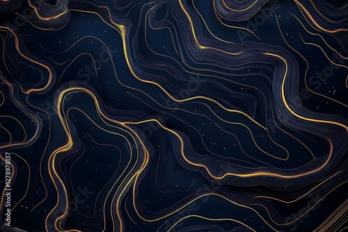 Abstract Dark Blue Background with Golden Lines and Subtle Sparkle