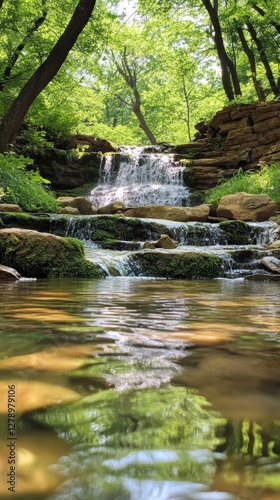 Cascading water over mossy rocks in a serene forest setting