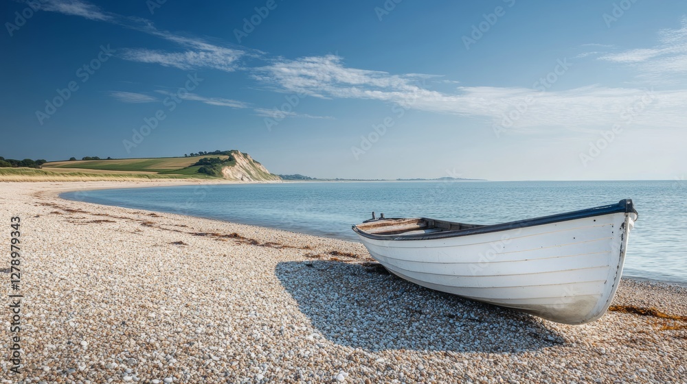 A boat rests on the gravel beach during a sunny summer day. The clear blue sky and distant hills make a beautiful backdrop. A boat rests on the gravel beach during a sunny summer day. The clear blue sky and distant hills make a beautiful backdrop.