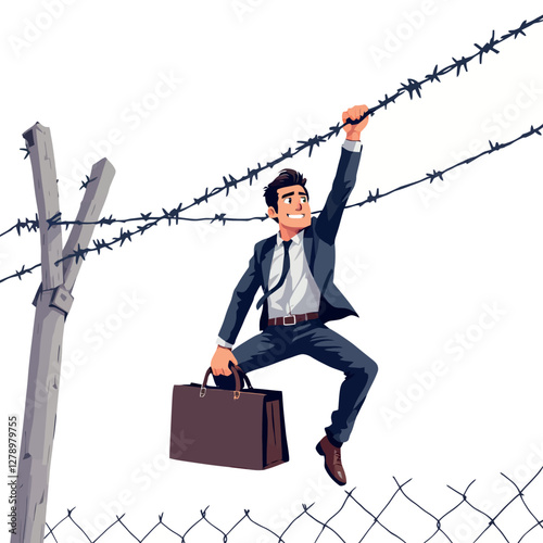Vsai businessman hanging on barbed wire with briefcase crossing border