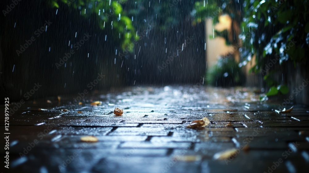 Fototapeta premium Rain gently falls on a sidewalk scattered with vibrant leaves, creating a serene and tranquil outdoor atmosphere during a rainy day.