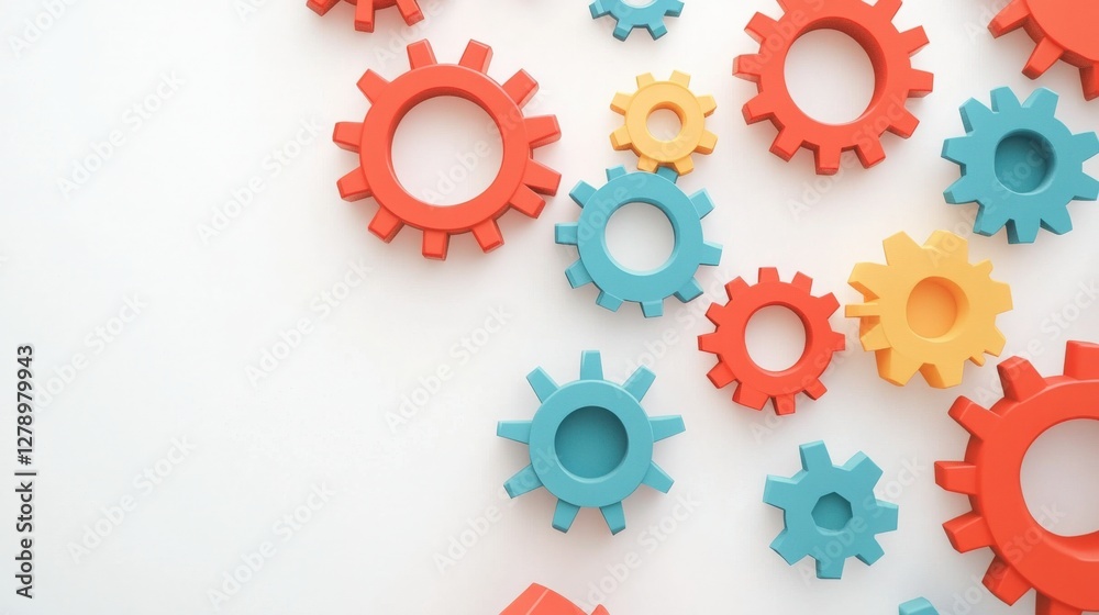 Colorful interlocking gears arranged on a white background, showcasing creativity and design potential Colorful interlocking gears arranged on a white background, showcasing creativity and design potential