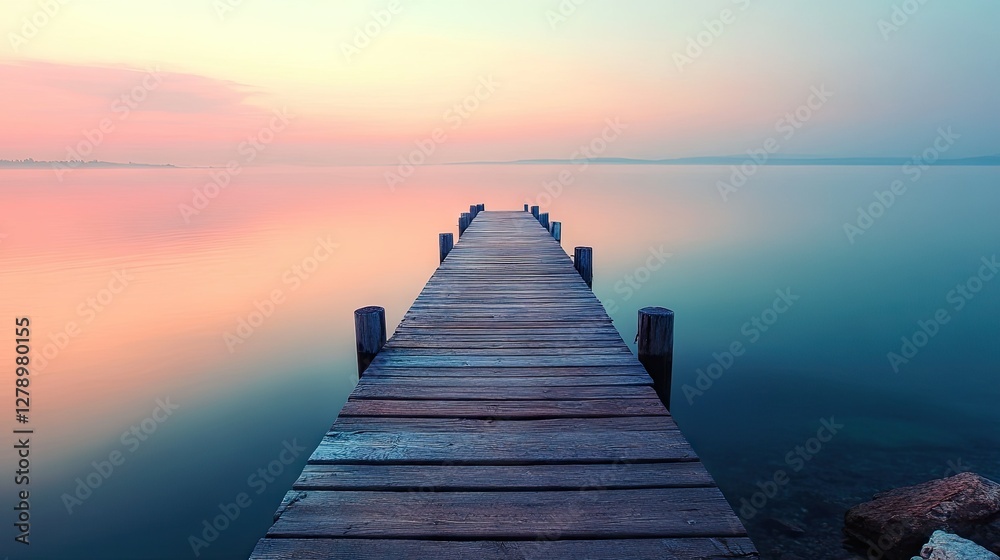 Naklejka premium A peaceful wooden pier at dawn, leading toward a calm sea with soft light reflecting off the water.
