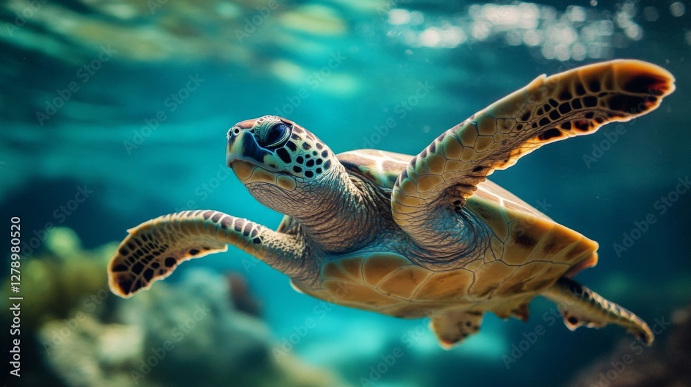 Obraz premium Sea Turtle Swimming Underwater in a Vibrant Ocean