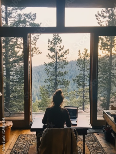 Wallpaper Mural Digital nomad working from home office, outdoor view, laptop open, busy professional lifestyle, cozy decor  Torontodigital.ca