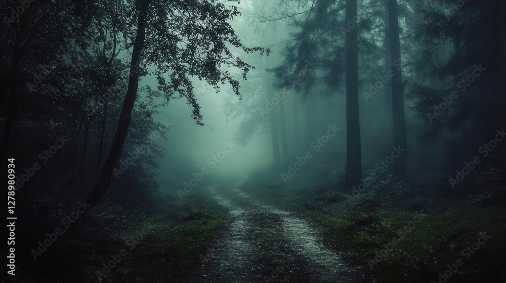Fototapeta premium Mysterious Dark Forest Path with Ethereal Fog and Silhouetted Trees Creating Atmospheric Horror Scene Perfect for Thriller Concepts