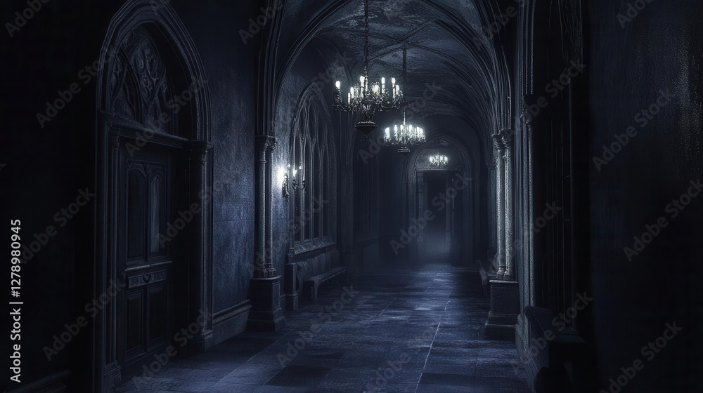 Mysterious haunted castle interior shrouded in eerie shadows and spectral light on a chilling moonlit night that evokes ancient legends and gothic mystique Mysterious haunted castle interior shrouded in eerie shadows and spectral light on a chilling moonlit night that evokes ancient legends and gothic mystique